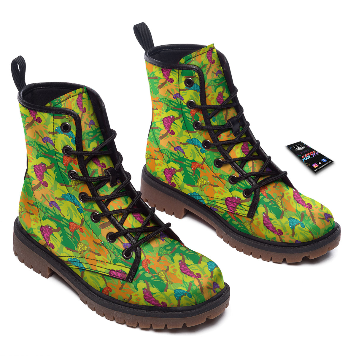 Colorful Chamaleon And Monstera Tropic Leave Print Pattern Work Boots-grizzshop
