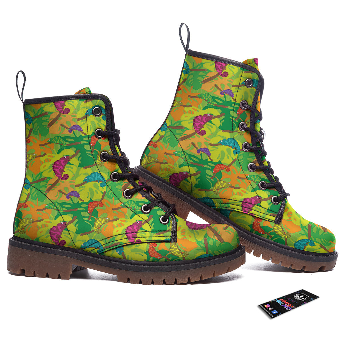 Colorful Chamaleon And Monstera Tropic Leave Print Pattern Work Boots-grizzshop