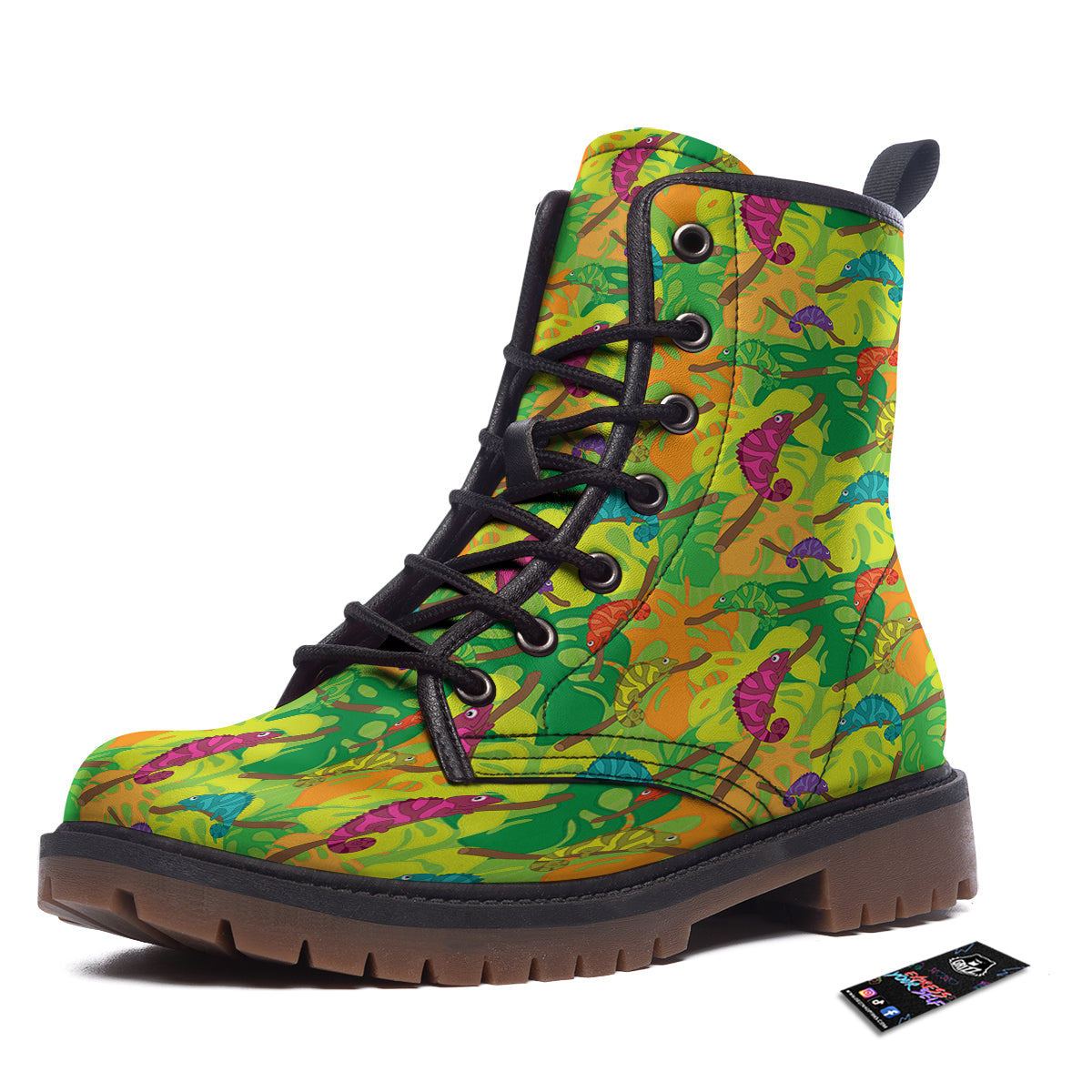 Colorful Chamaleon And Monstera Tropic Leave Print Pattern Work Boots-grizzshop