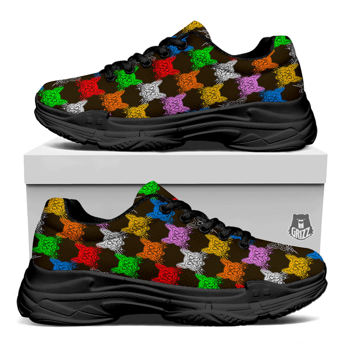Colorful Crazy Cat Print Pattern Black Chunky Shoes-grizzshop