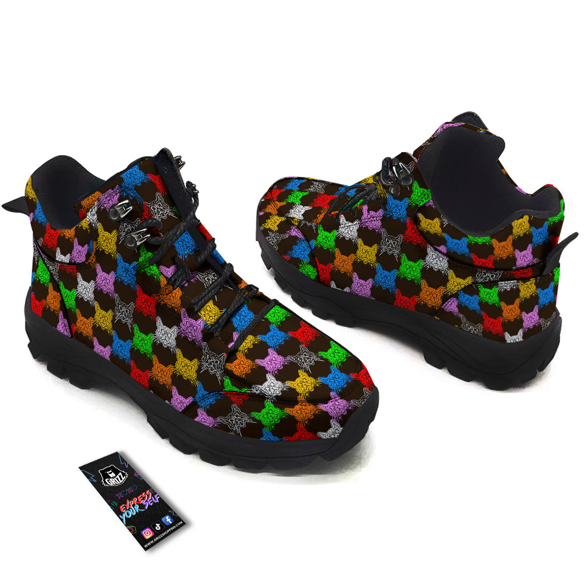 Colorful Crazy Cat Print Pattern Hiking Shoes-grizzshop