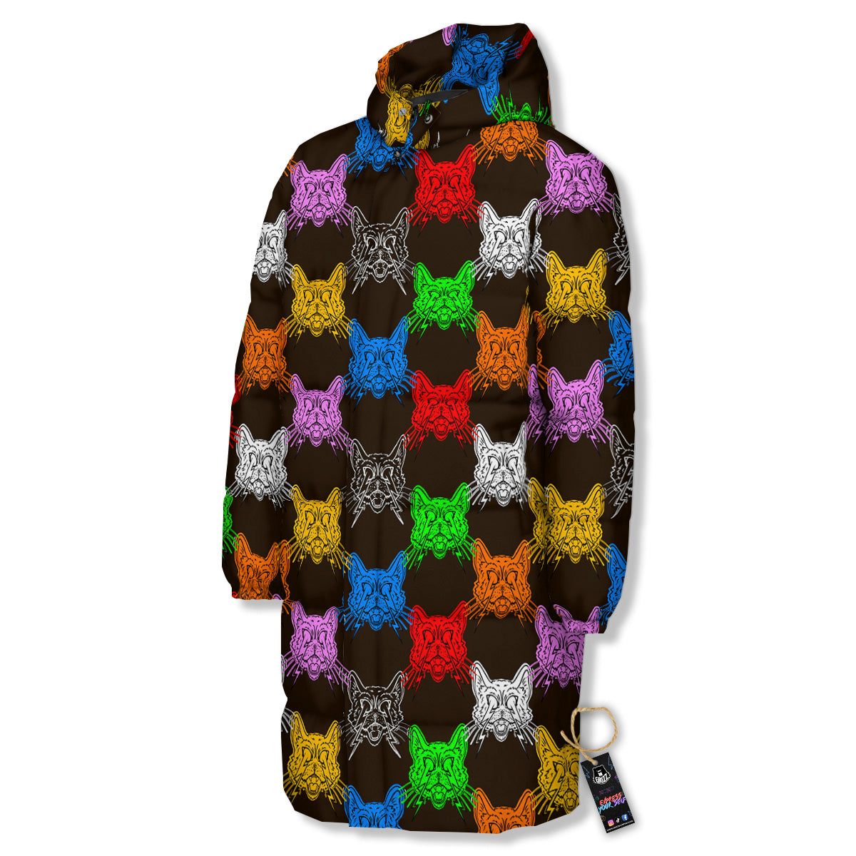 Colorful Crazy Cat Print Pattern Long Down Jacket-grizzshop