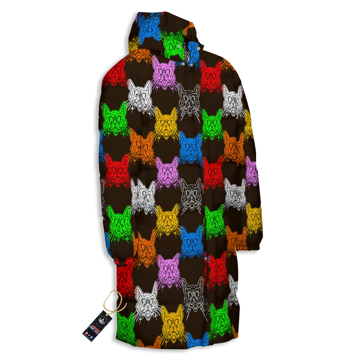 Colorful Crazy Cat Print Pattern Long Down Jacket-grizzshop