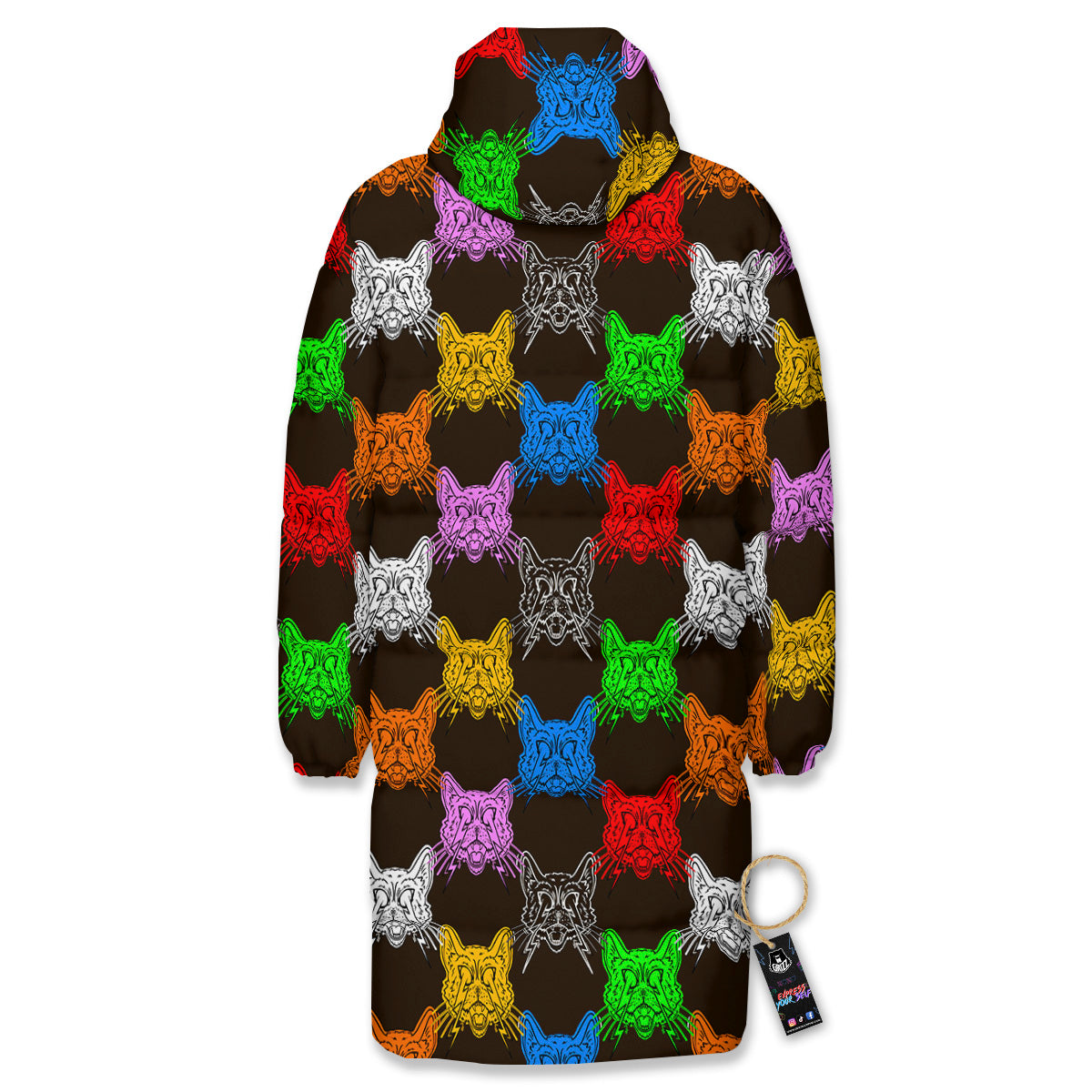 Colorful Crazy Cat Print Pattern Long Down Jacket-grizzshop