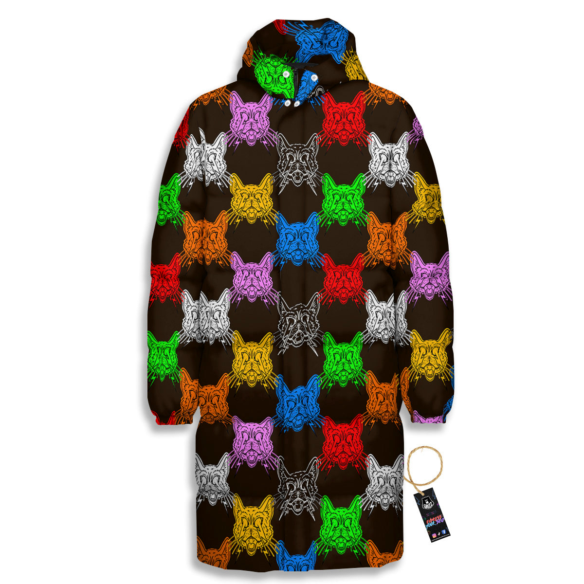 Colorful Crazy Cat Print Pattern Long Down Jacket-grizzshop
