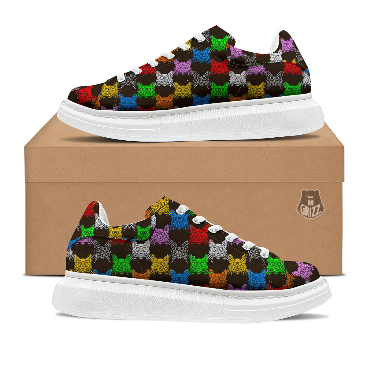 Colorful Crazy Cat Print Pattern Platform Shoes-grizzshop