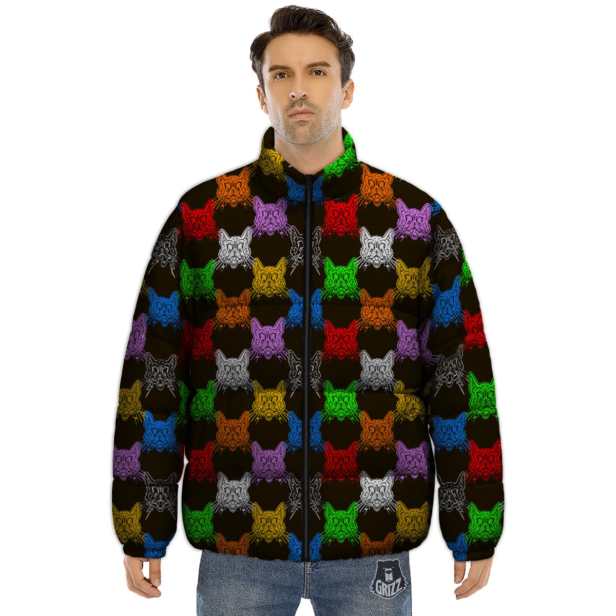 Colorful Crazy Cat Print Pattern Puffer Jacket-grizzshop