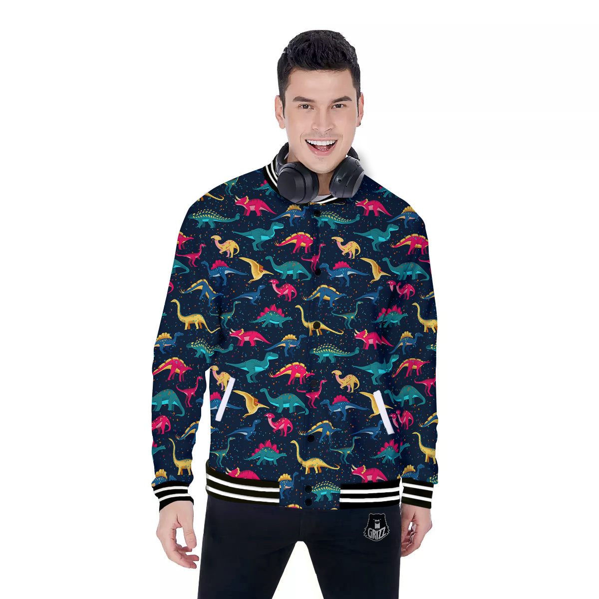 Colorful Cute Dinosaurs Print Pattern Baseball Jacket-grizzshop