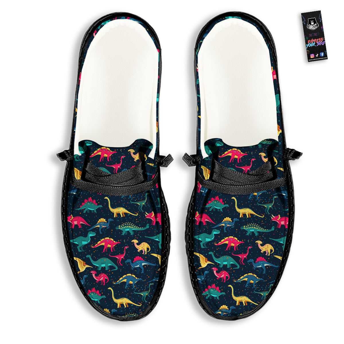 Colorful Cute Dinosaurs Print Pattern Black Loafers-grizzshop