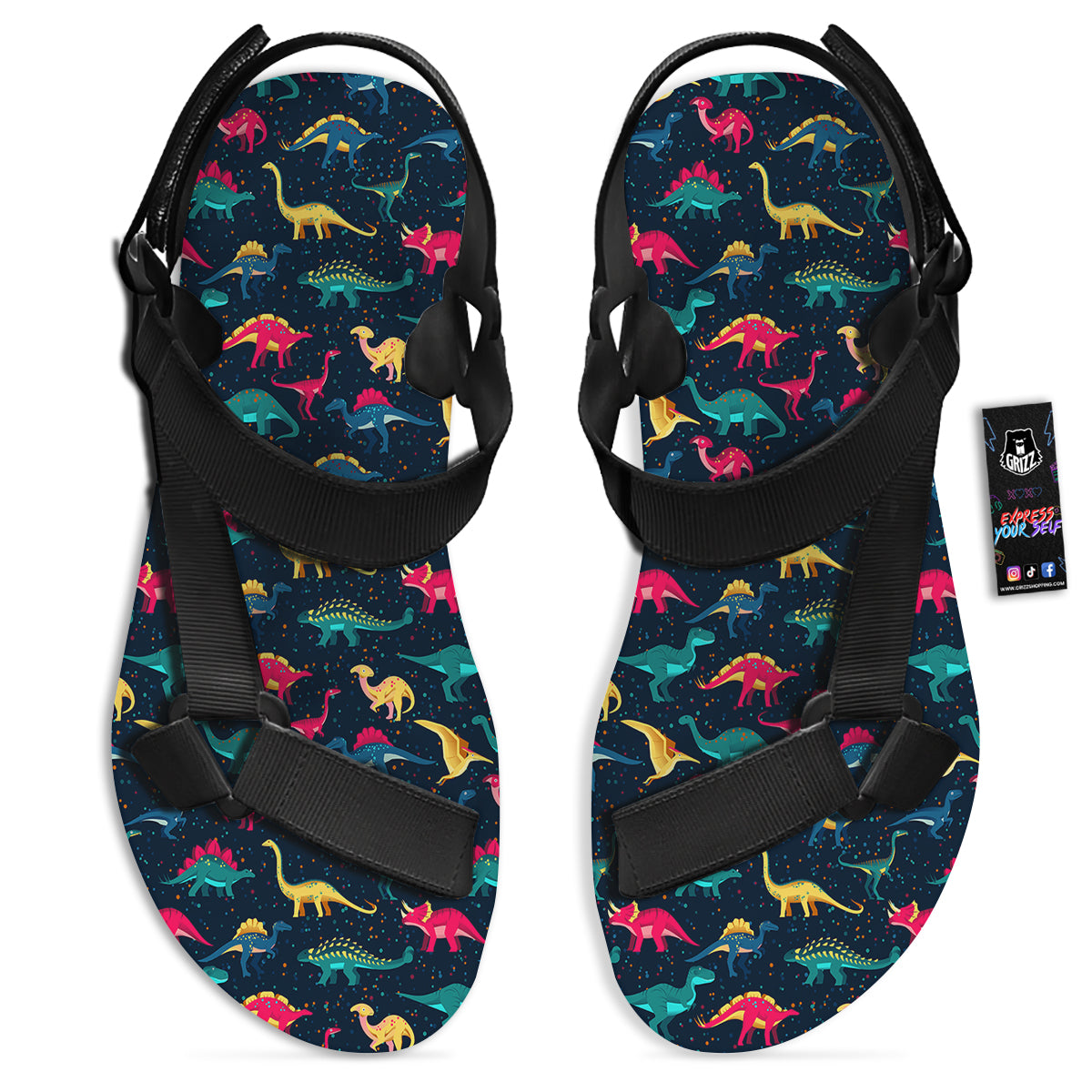 Colorful Cute Dinosaurs Print Pattern Black Open Toe Sandals-grizzshop
