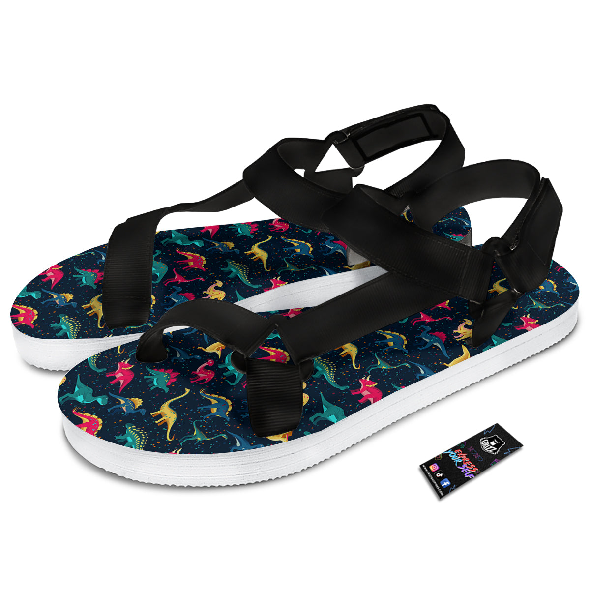 Colorful Cute Dinosaurs Print Pattern Black Open Toe Sandals-grizzshop