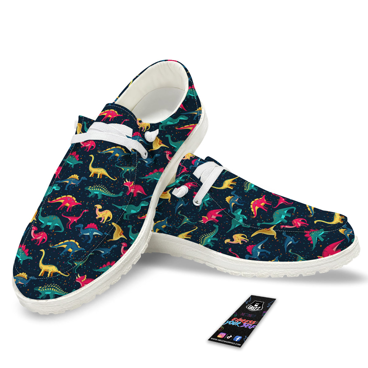 Colorful Cute Dinosaurs Print Pattern White Loafers-grizzshop