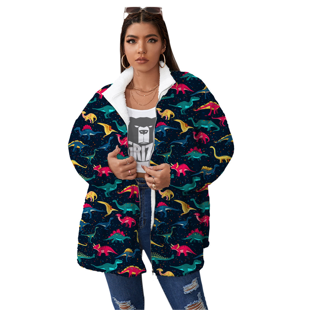 Colorful Cute Dinosaurs Print Pattern Women's Sherpa Jacket-grizzshop