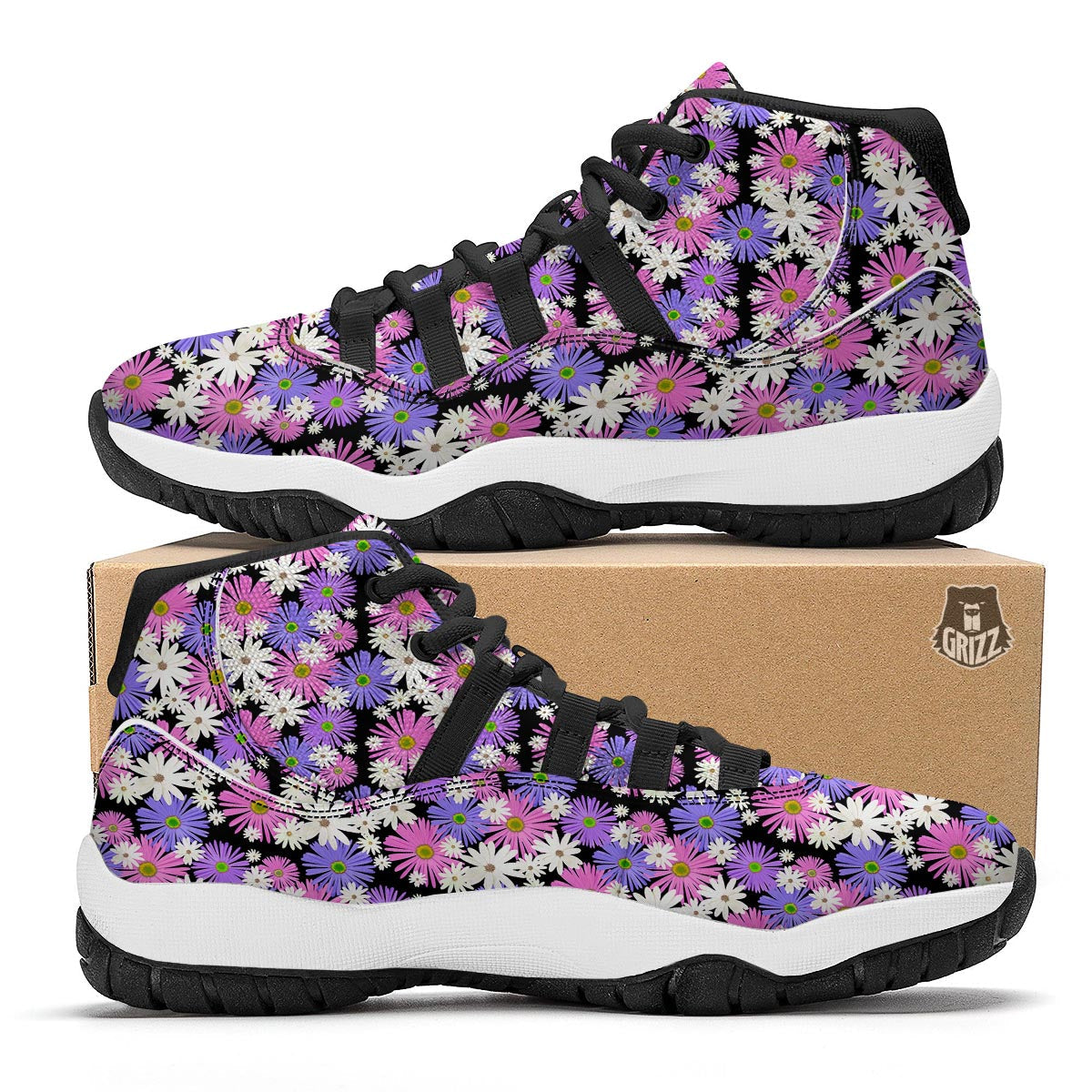 Colorful Daisy Pattern Print Black Bball Shoes-grizzshop