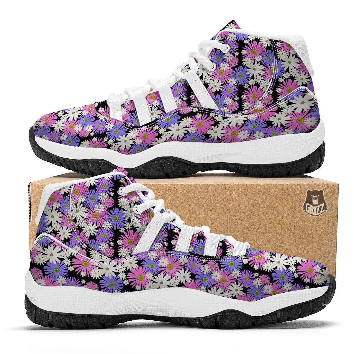 Colorful Daisy Pattern Print White Bball Shoes-grizzshop