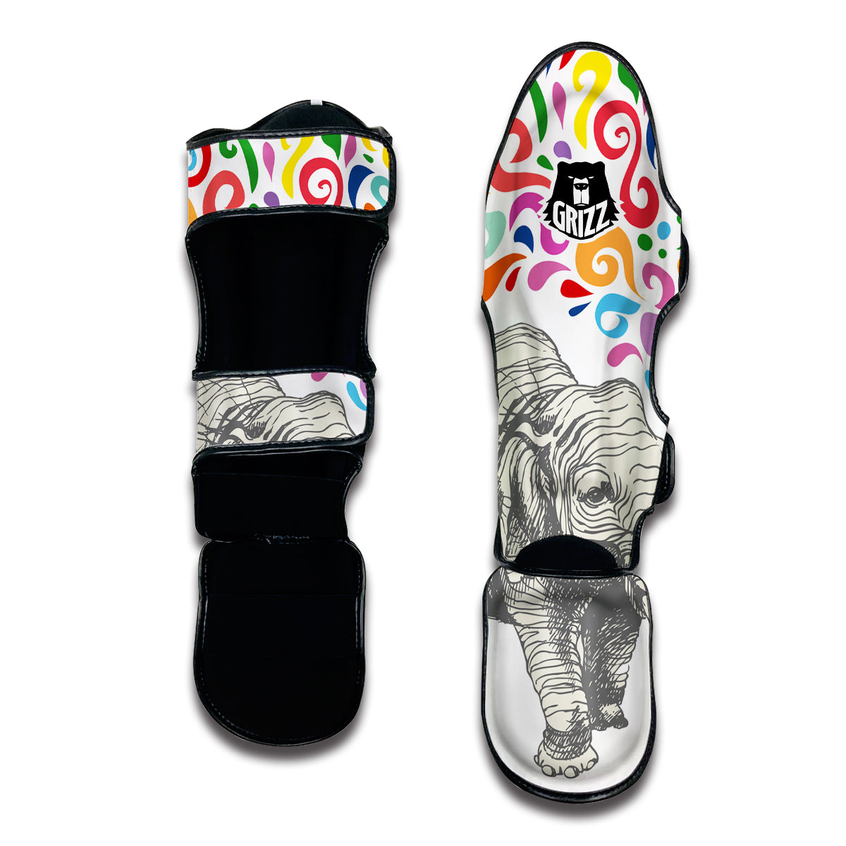 Colorful Elephant Hand drawn Print Muay Thai Shin Guards-grizzshop