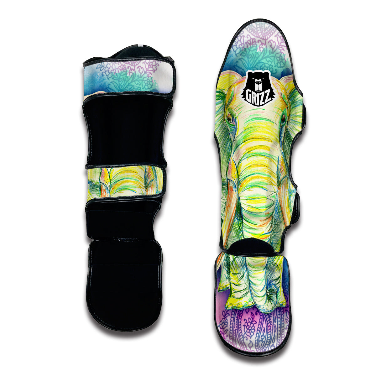 Colorful Hand Drawn Elephant Mandala Print Muay Thai Shin Guards-grizzshop