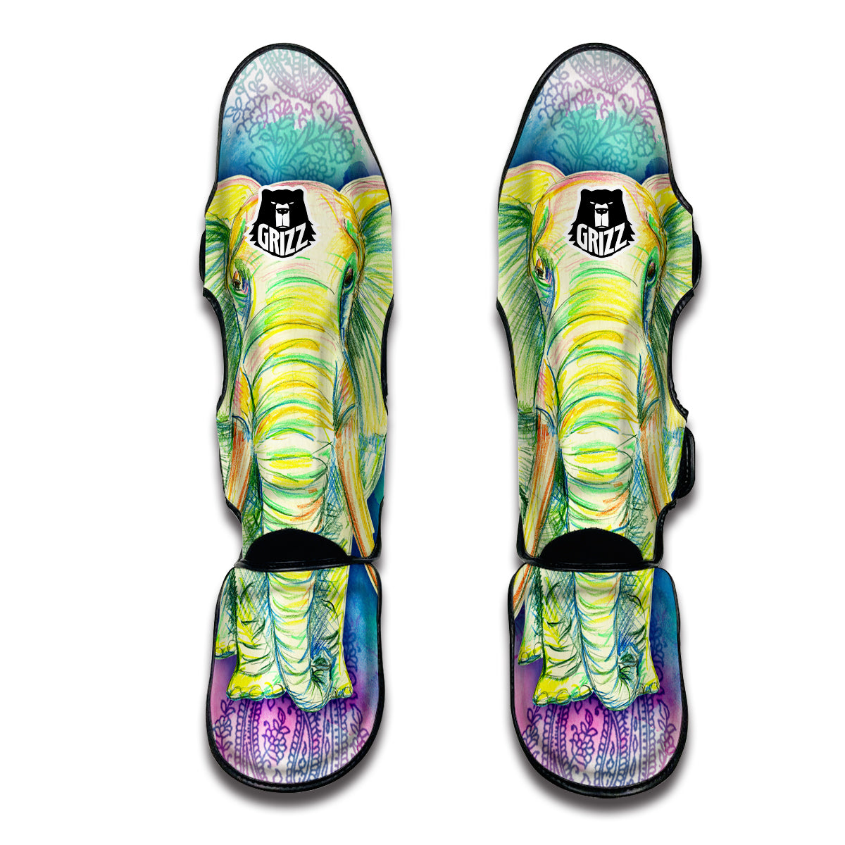 Colorful Hand Drawn Elephant Mandala Print Muay Thai Shin Guards-grizzshop