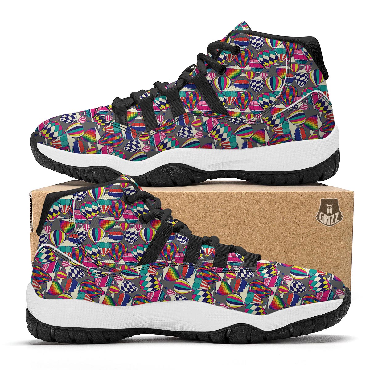 Colorful Hot Air Balloon Pattern Print Black Bball Shoes-grizzshop