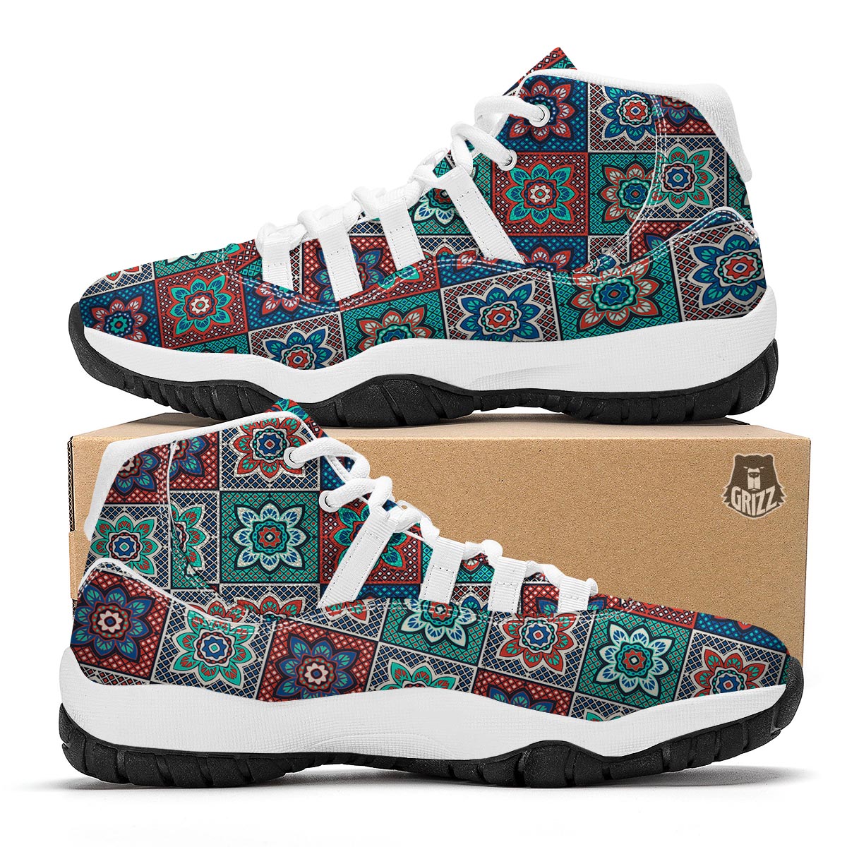 Colorful Mosaic Print Pattern White Bball Shoes-grizzshop