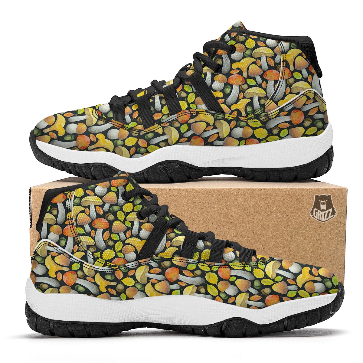 Colorful Mushroom Pattern Print Black Bball Shoes-grizzshop