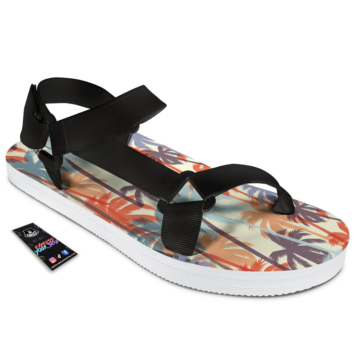 Colorful Palm Trees Print Pattern Black Open Toe Sandals-grizzshop