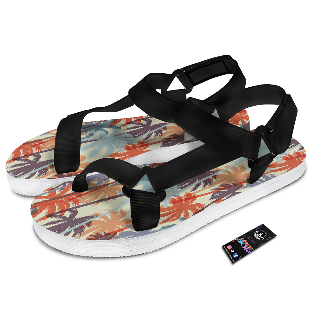Colorful Palm Trees Print Pattern Black Open Toe Sandals-grizzshop