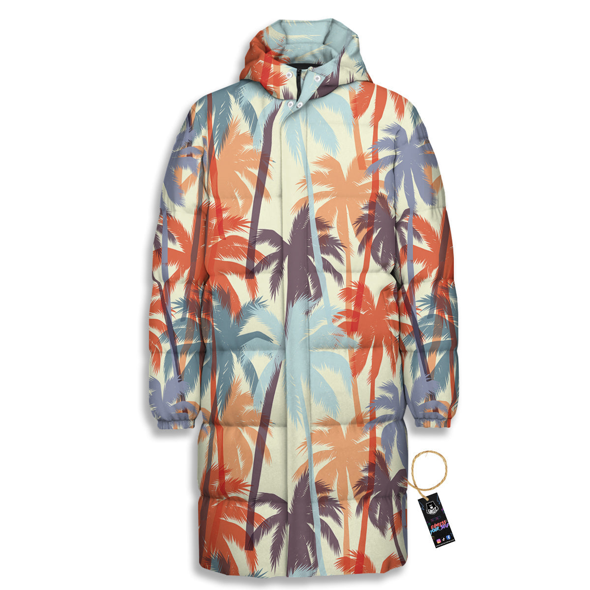 Colorful Palm Trees Print Pattern Long Down Jacket-grizzshop