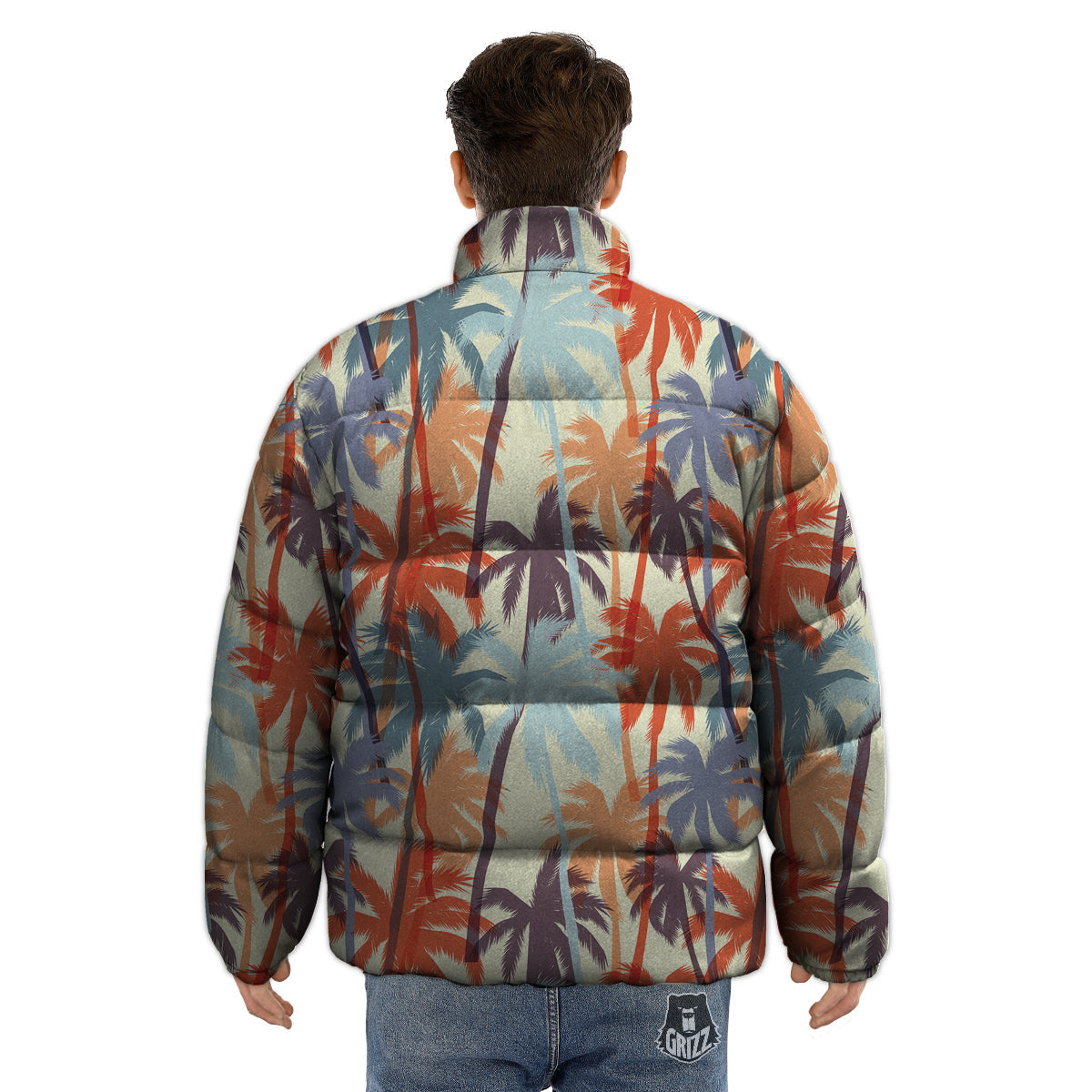 Colorful Palm Trees Print Pattern Puffer Jacket-grizzshop