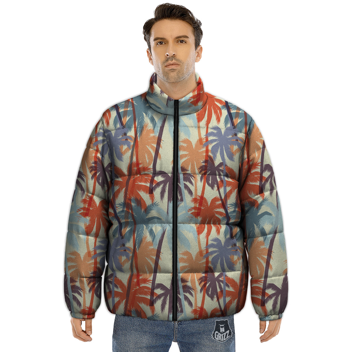 Colorful Palm Trees Print Pattern Puffer Jacket-grizzshop