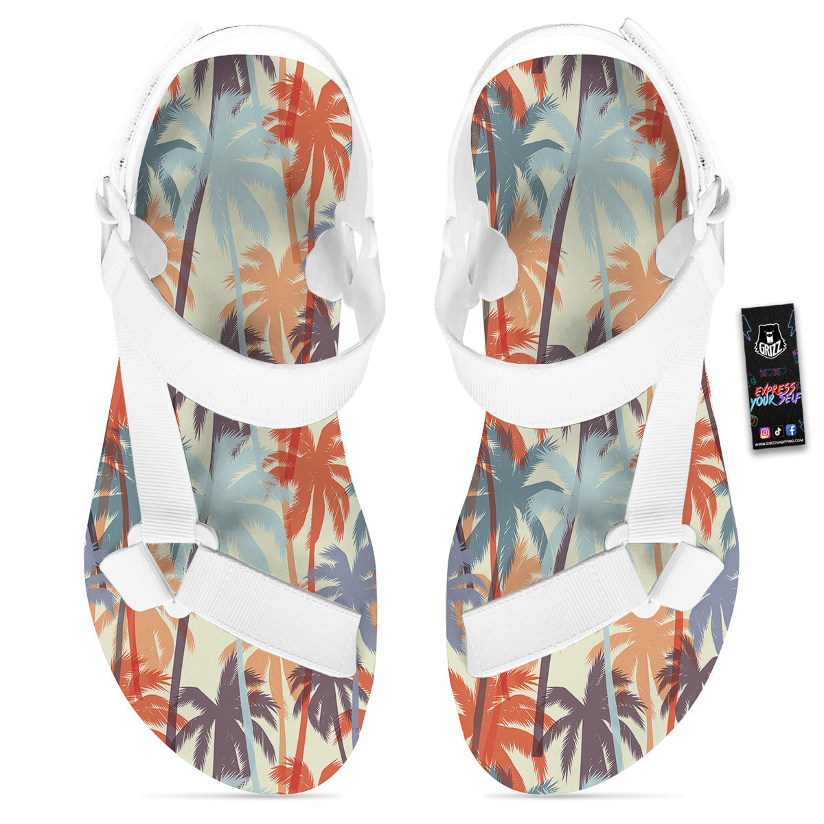 Colorful Palm Trees Print Pattern White Open Toe Sandals-grizzshop