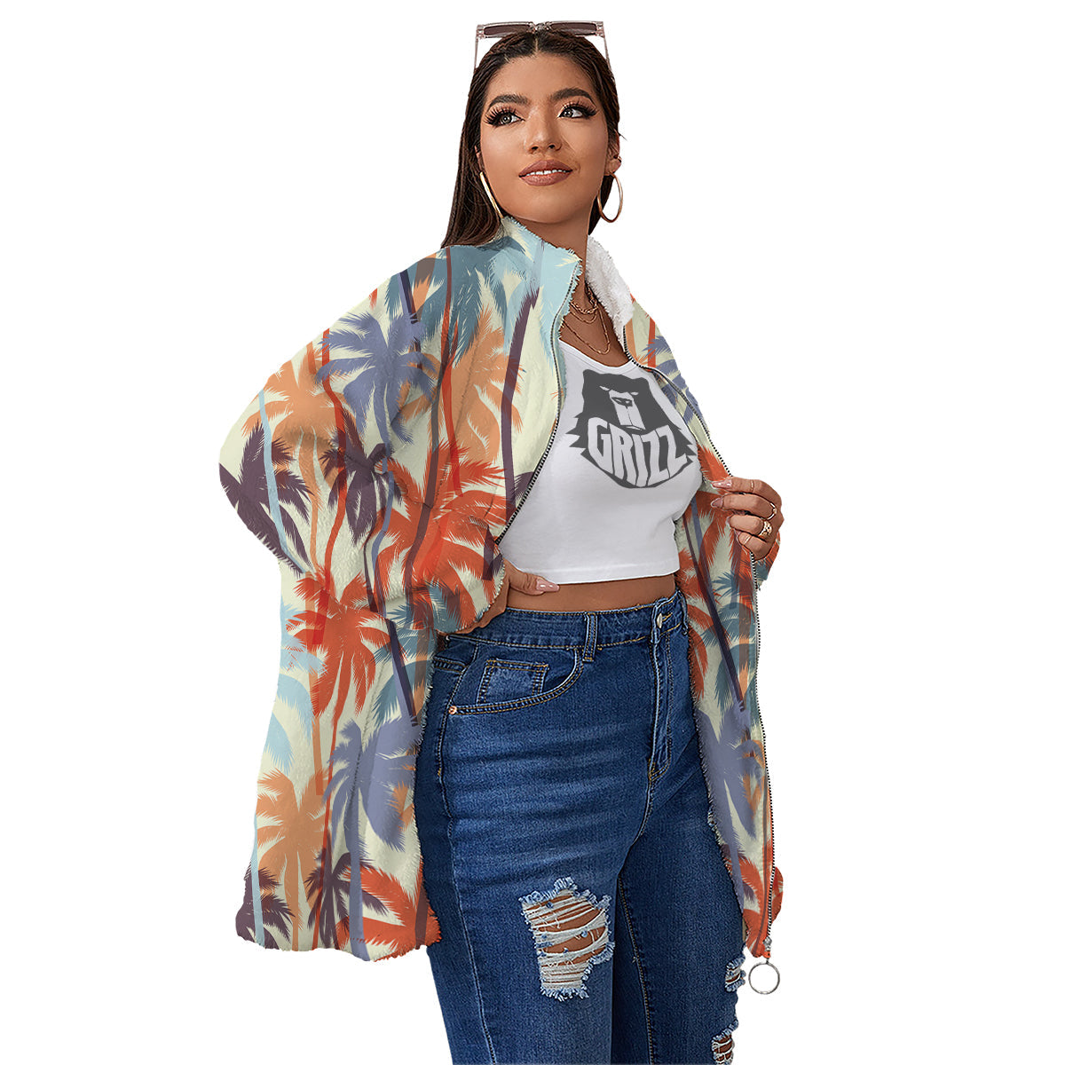Colorful Palm Trees Print Pattern Women's Sherpa Jacket-grizzshop