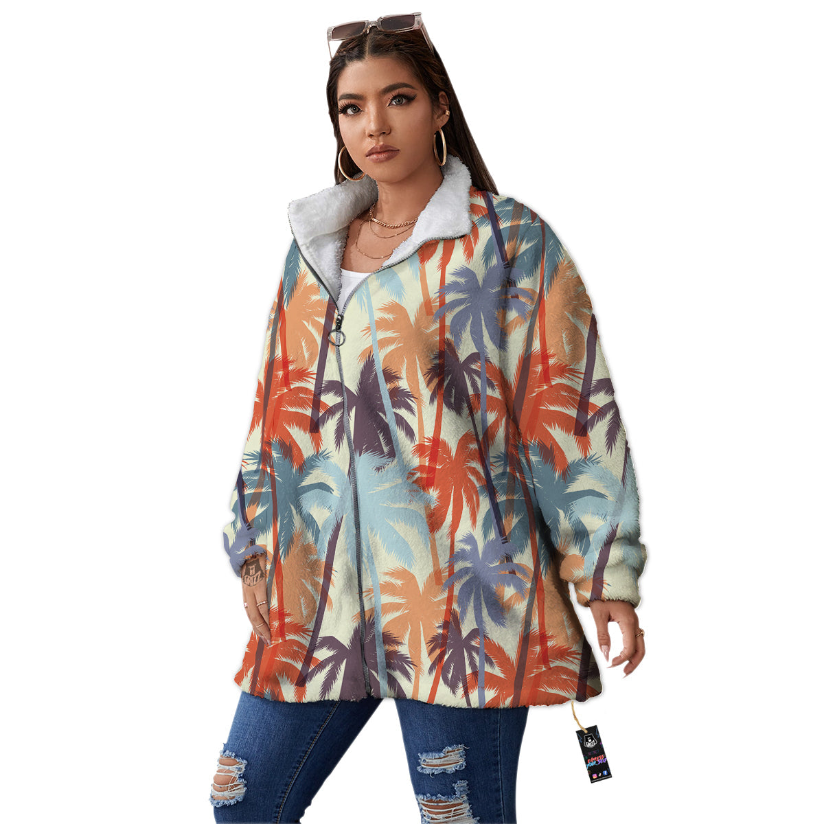 Colorful Palm Trees Print Pattern Women's Sherpa Jacket-grizzshop