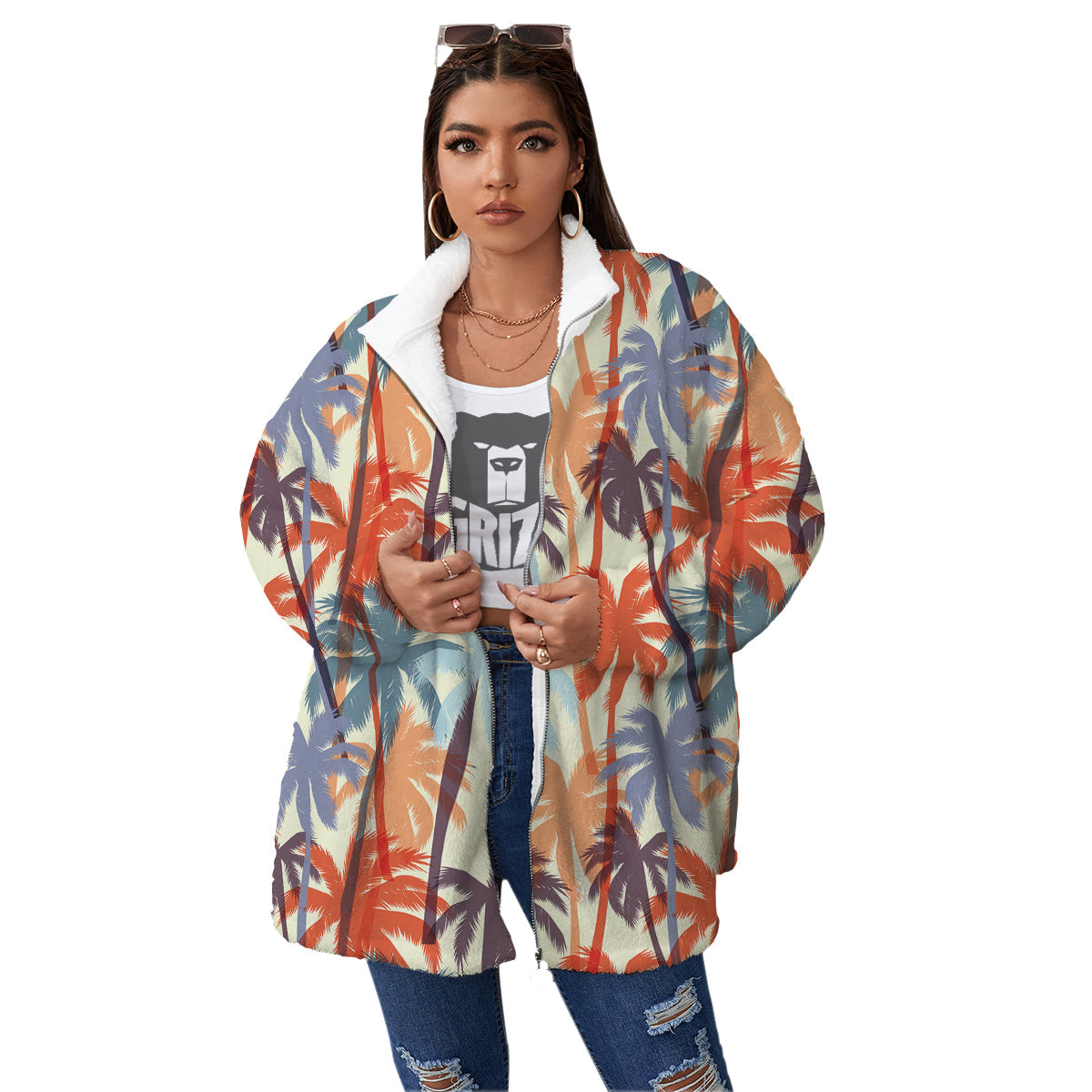 Colorful Palm Trees Print Pattern Women's Sherpa Jacket-grizzshop