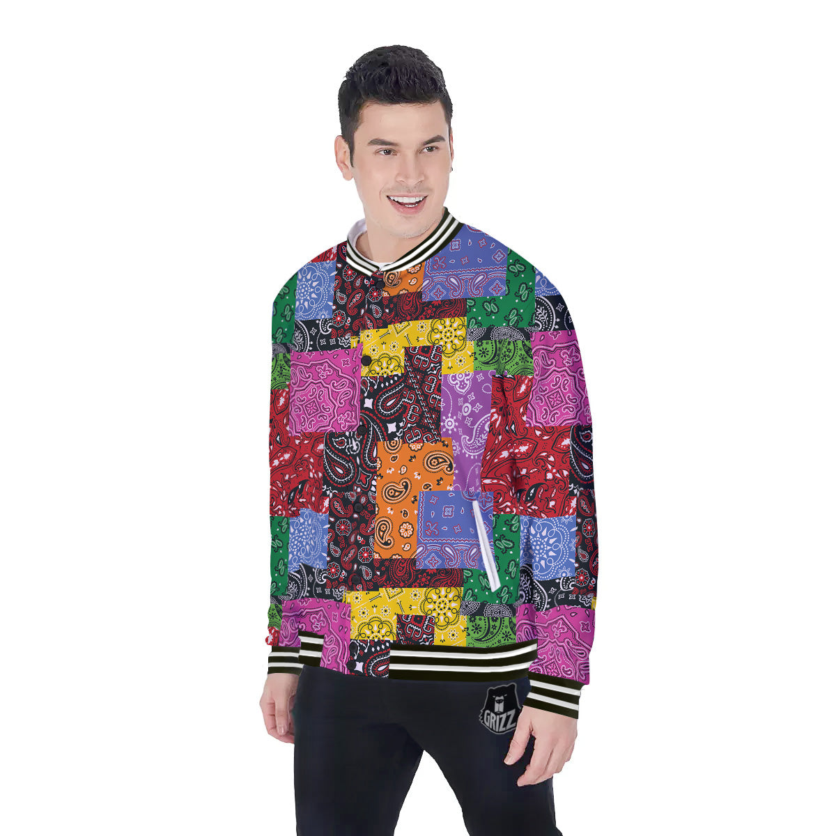 Colorful Patchwork Bandanna Print Pattern Baseball Jacket-grizzshop