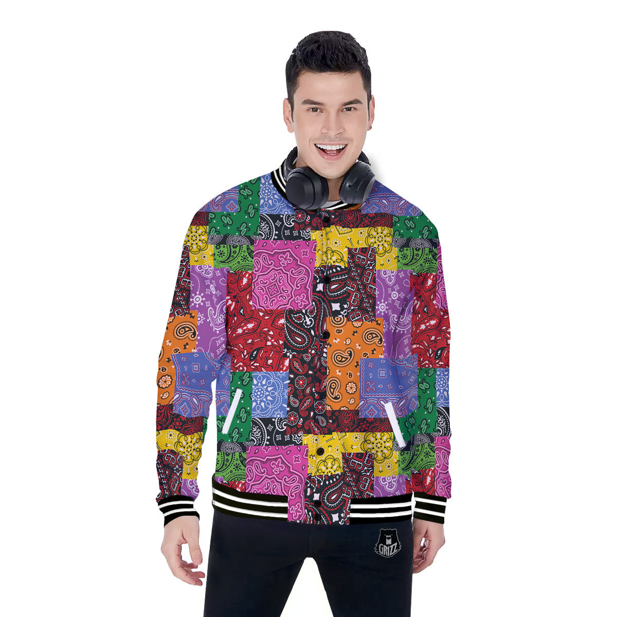 Colorful Patchwork Bandanna Print Pattern Baseball Jacket-grizzshop