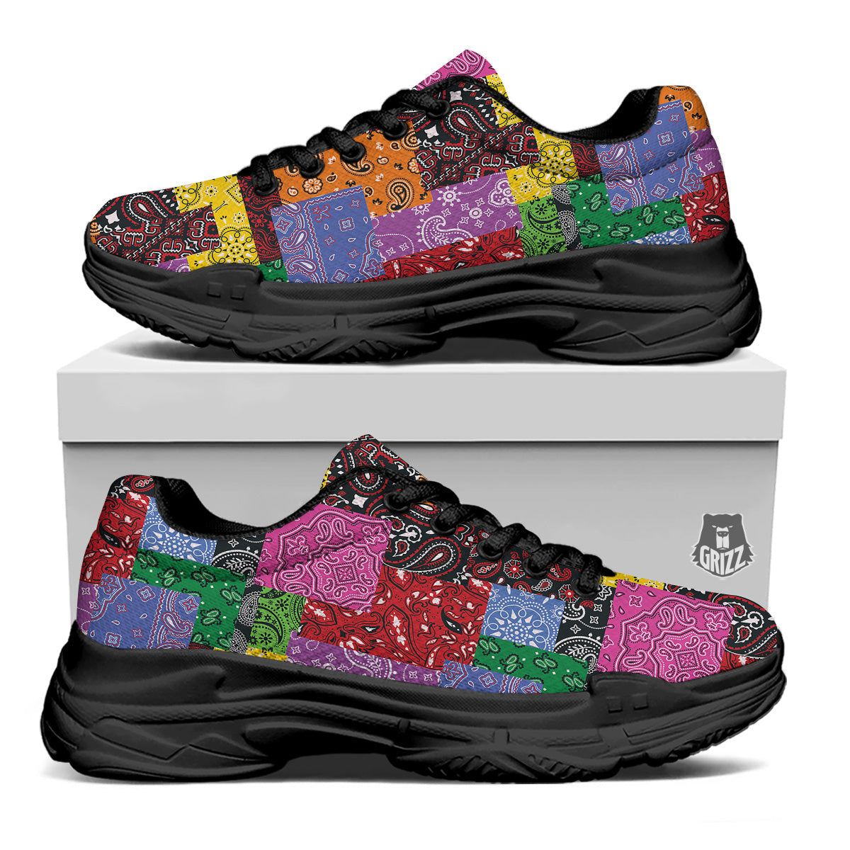 Colorful Patchwork Bandanna Print Pattern Black Chunky Shoes-grizzshop