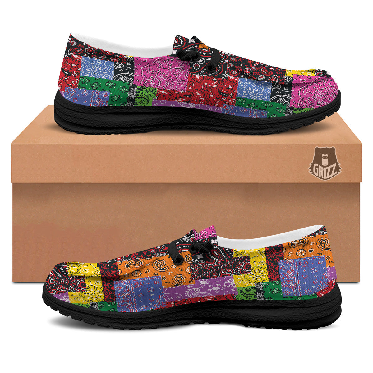 Colorful Patchwork Bandanna Print Pattern Black Loafers-grizzshop