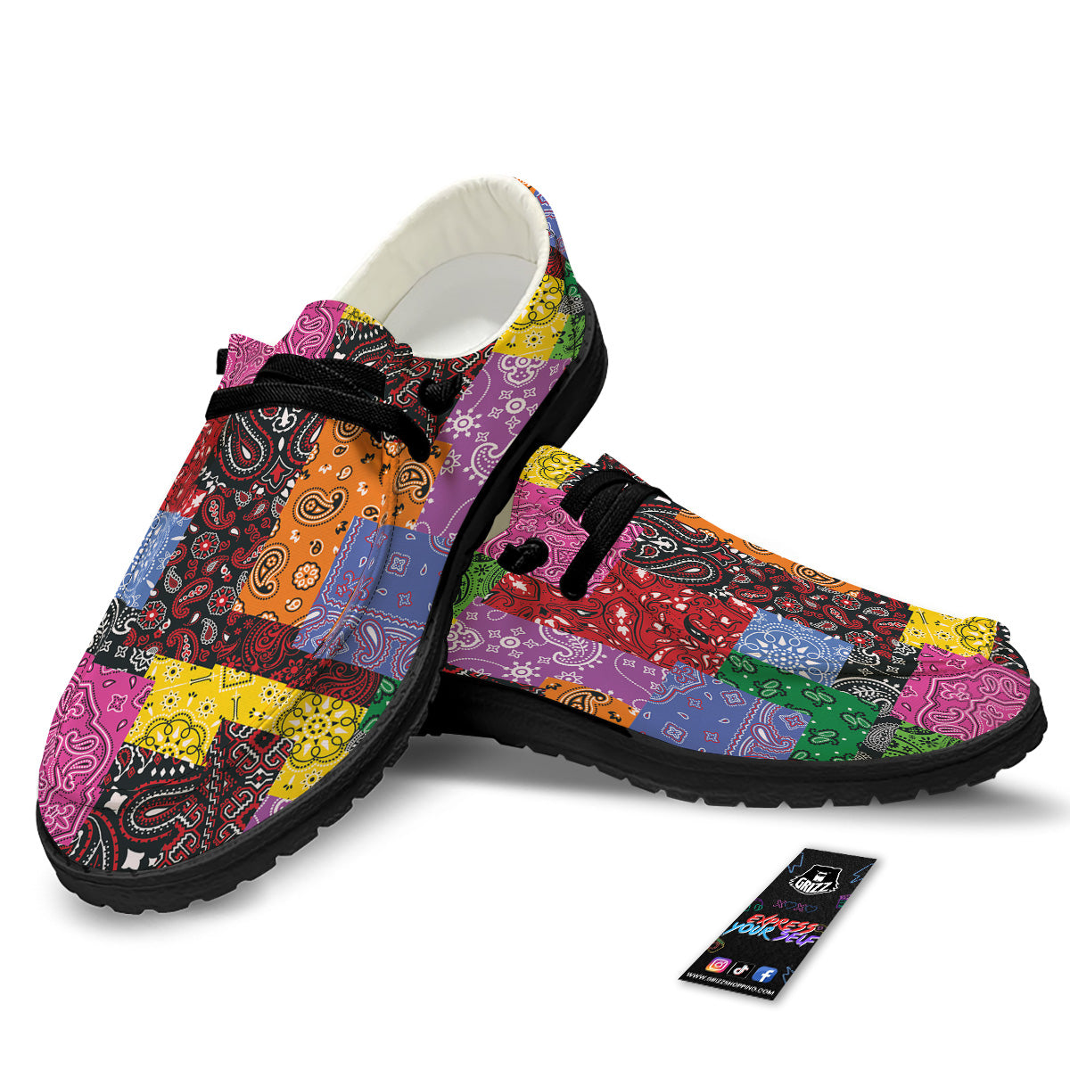 Colorful Patchwork Bandanna Print Pattern Black Loafers-grizzshop