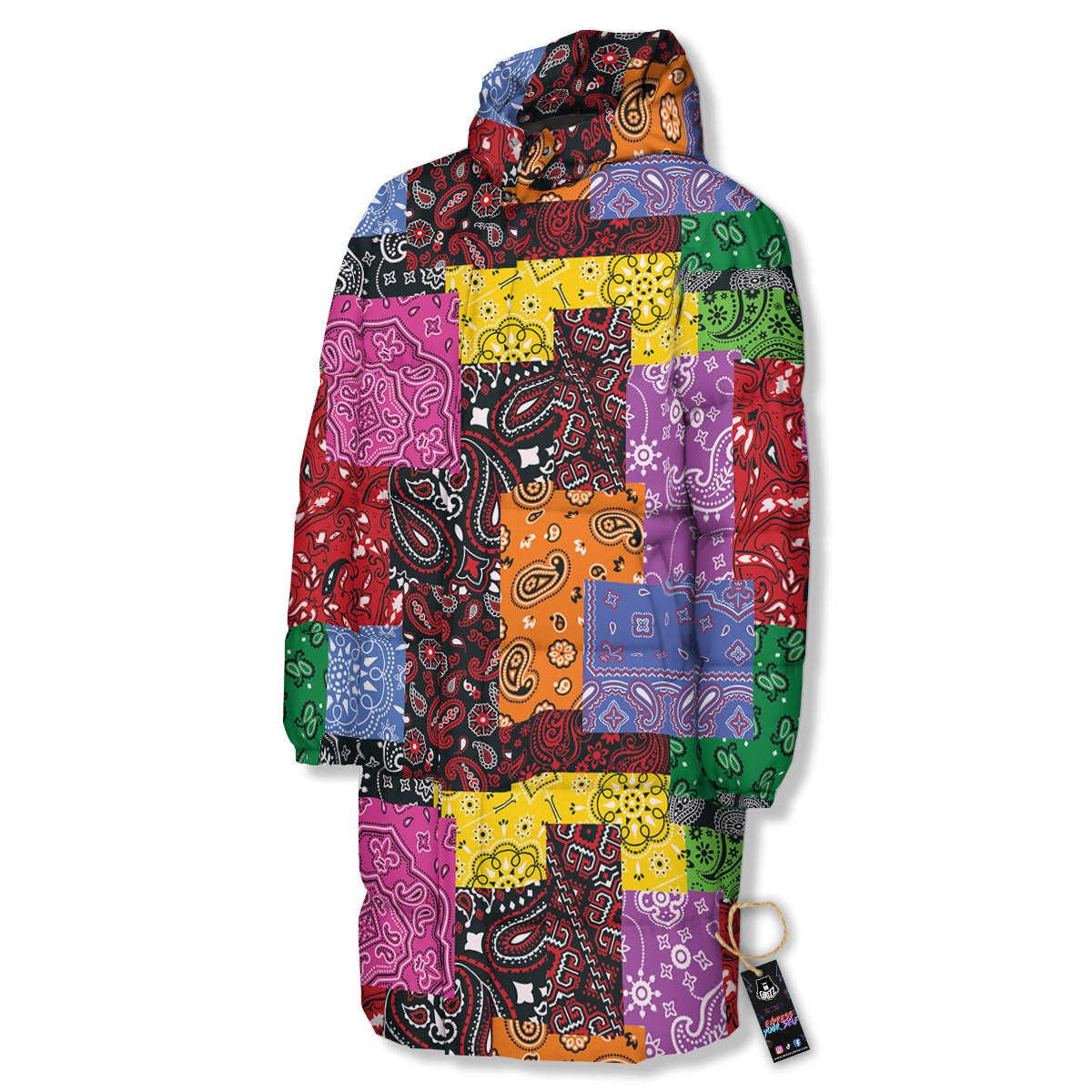 Colorful Patchwork Bandanna Print Pattern Long Down Jacket-grizzshop