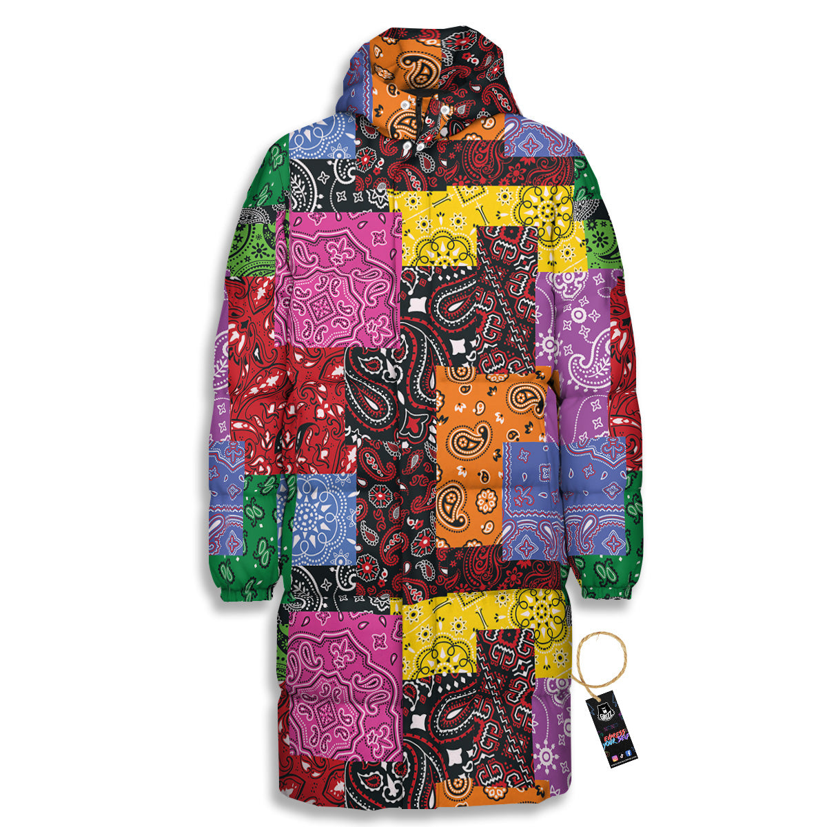Colorful Patchwork Bandanna Print Pattern Long Down Jacket-grizzshop