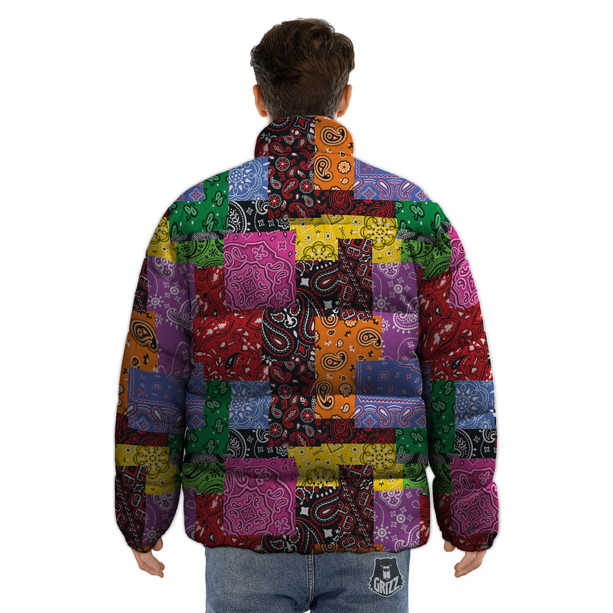 Colorful Patchwork Bandanna Print Pattern Puffer Jacket-grizzshop