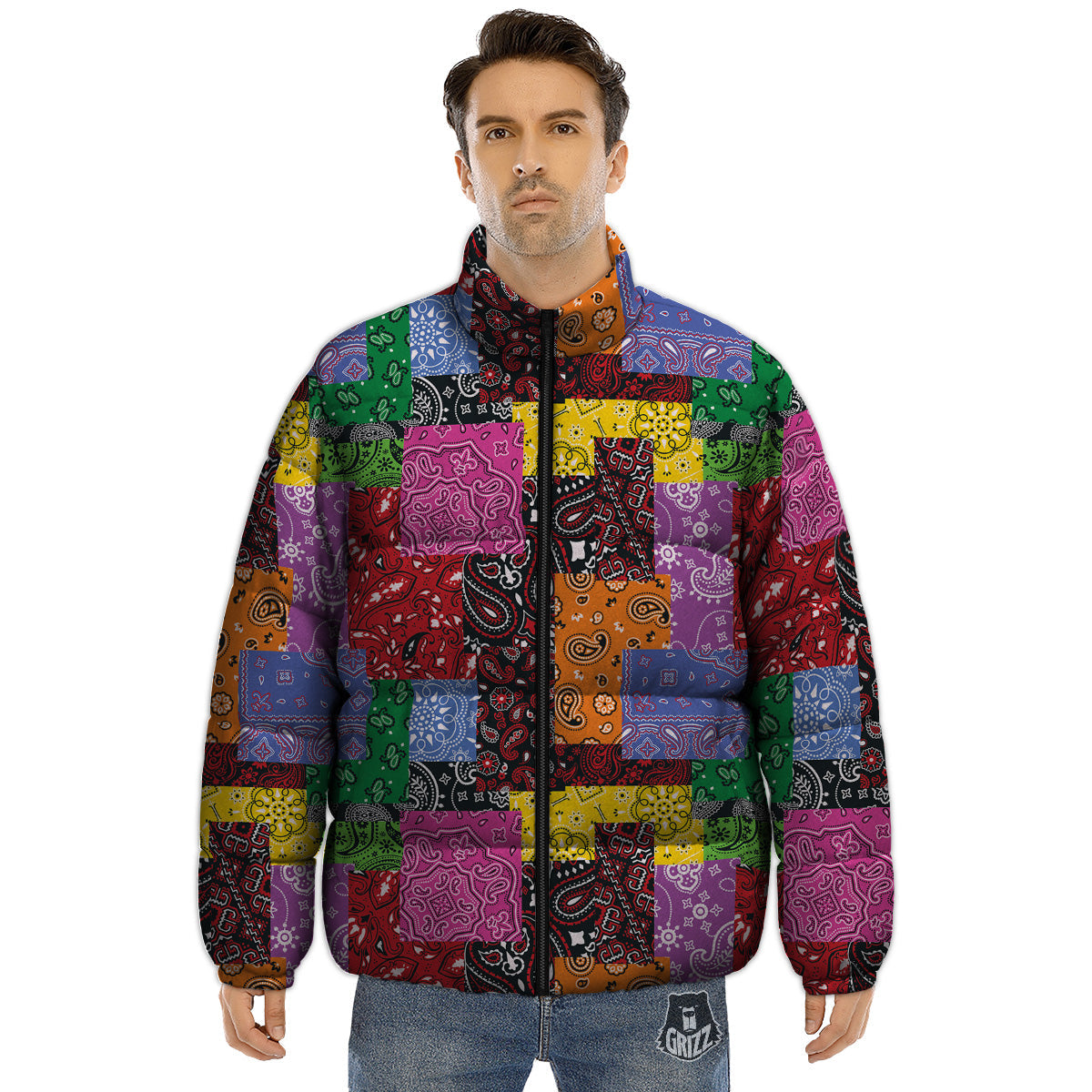 Colorful Patchwork Bandanna Print Pattern Puffer Jacket-grizzshop