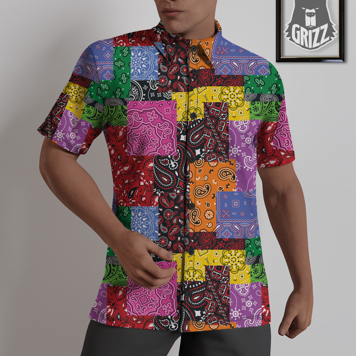 Colorful Patchwork Bandanna Print Pattern Untucked Shirts-grizzshop