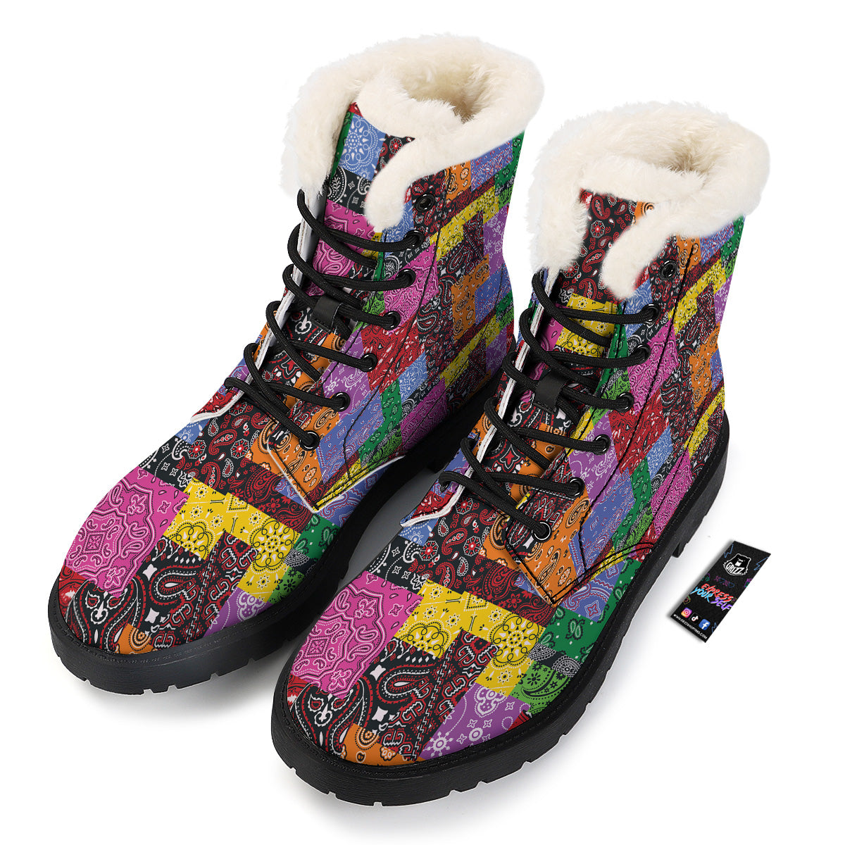 Colorful Patchwork Bandanna Print Pattern Winter Boots-grizzshop