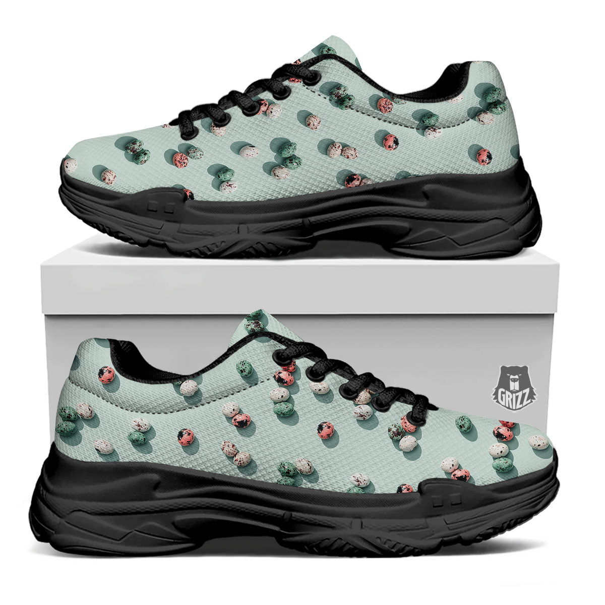 Colorful Pile Of Easter Eggs Print Pattern Black Chunky Shoes-grizzshop