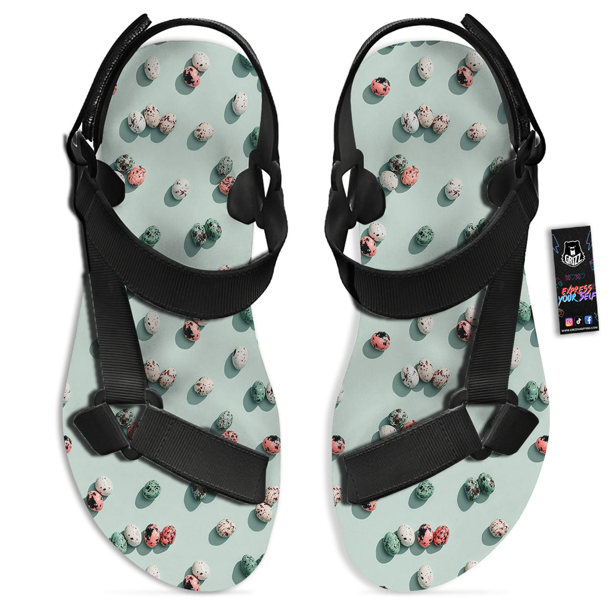 Colorful Pile Of Easter Eggs Print Pattern Black Open Toe Sandals-grizzshop
