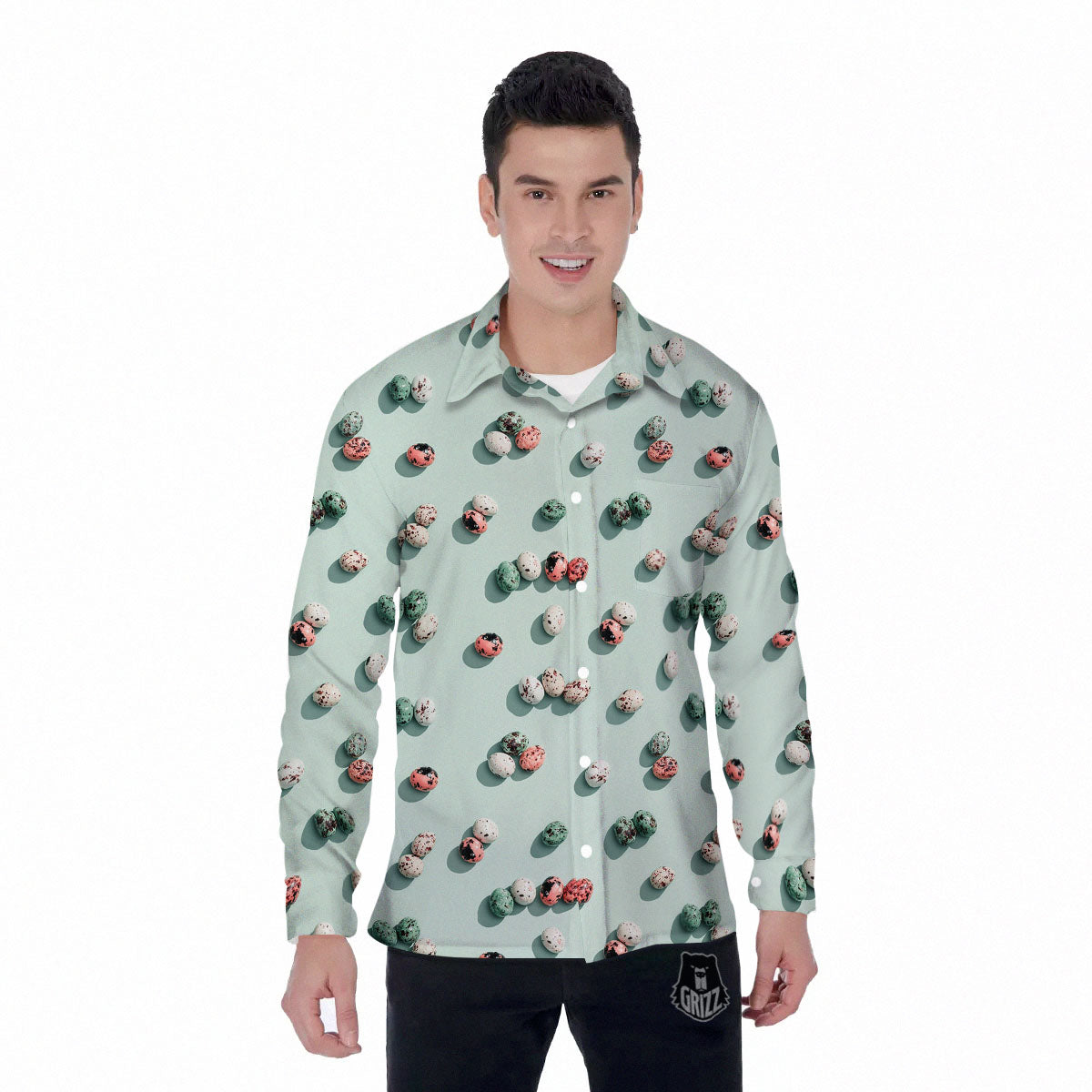 Colorful Pile Of Easter Eggs Print Pattern Men's Long Sleeve Shirts-grizzshop