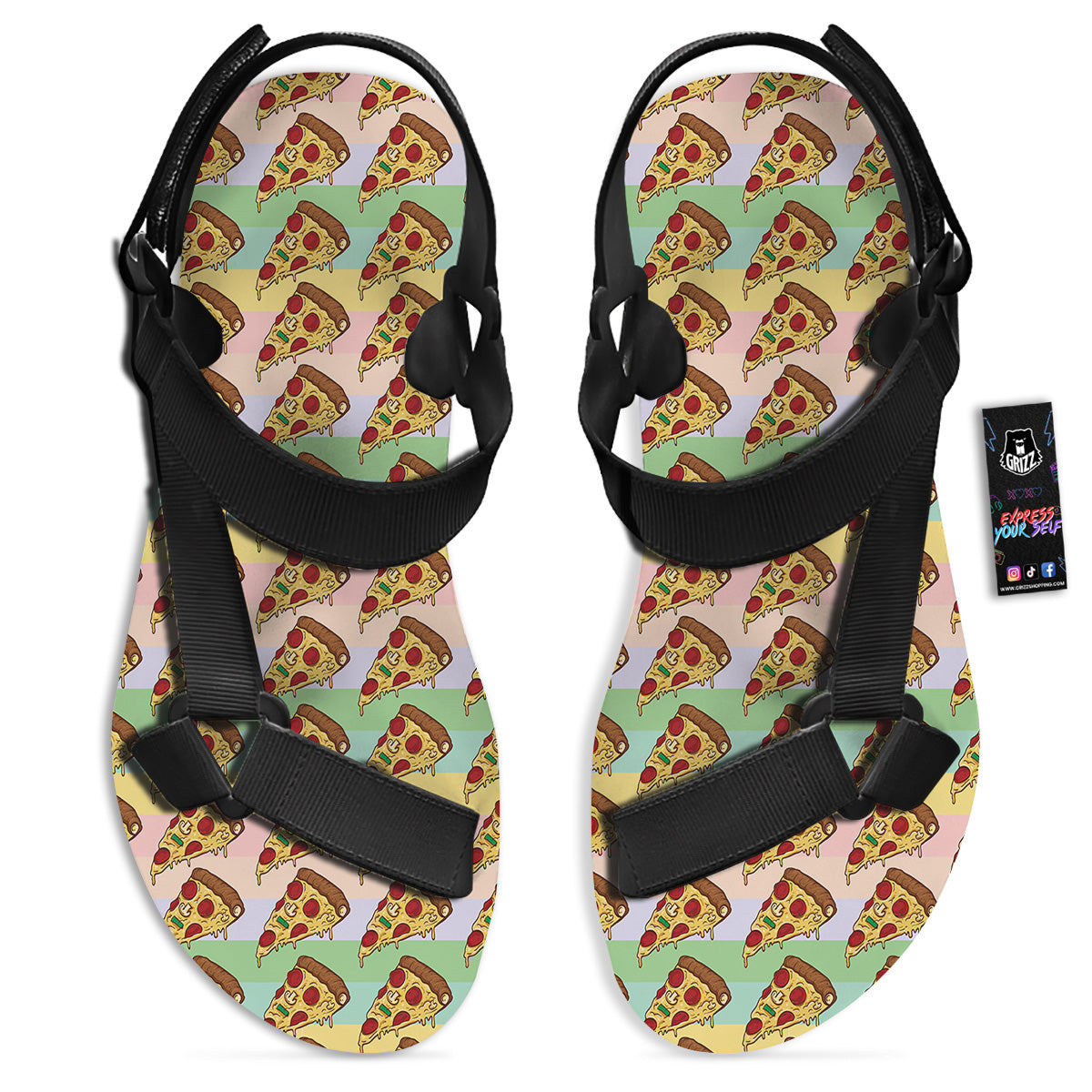 Colorful Pizza And Stiped Pastel Print Pattern Black Open Toe Sandals-grizzshop