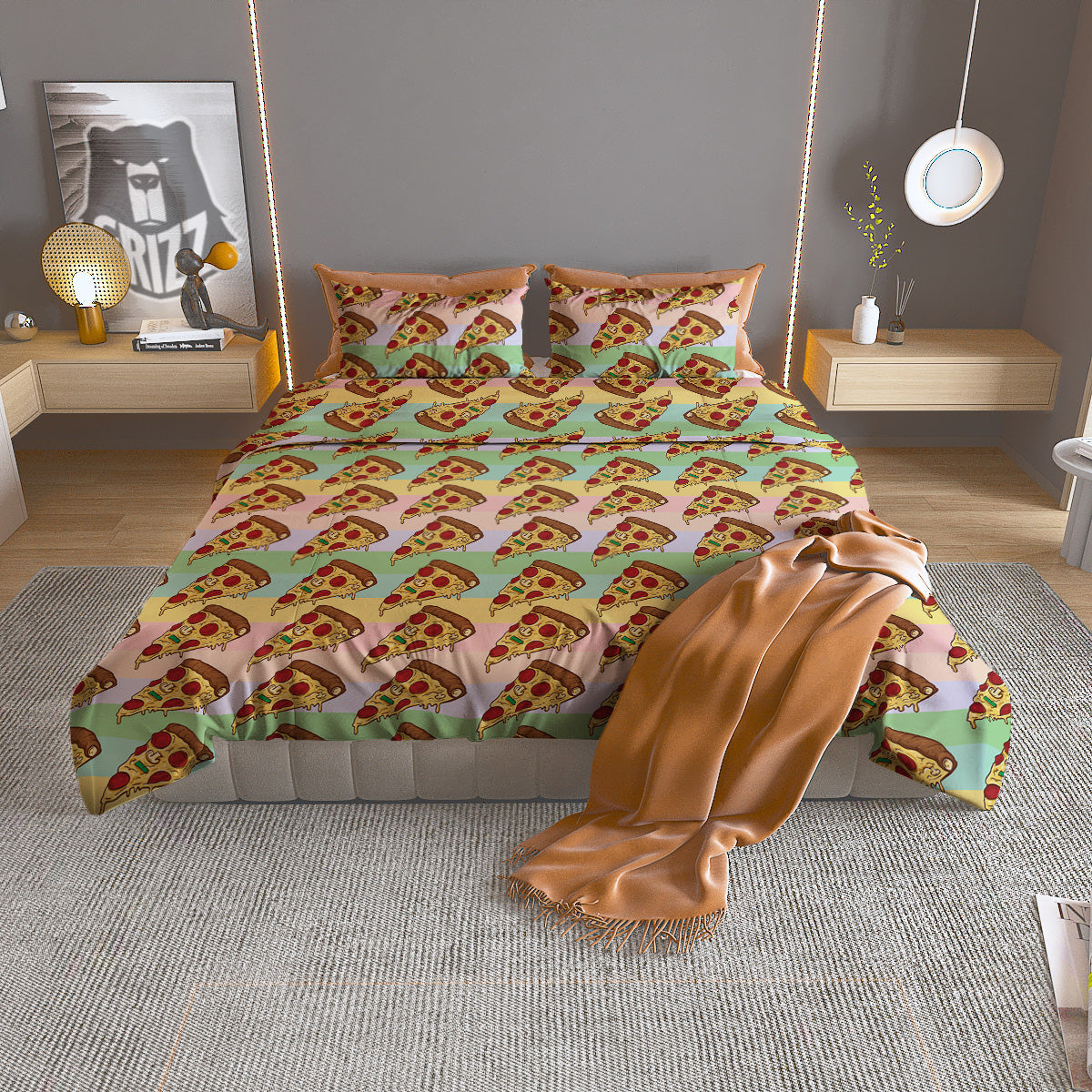 Colorful Pizza And Stiped Pastel Print Pattern Duvet Cover Bedding Set